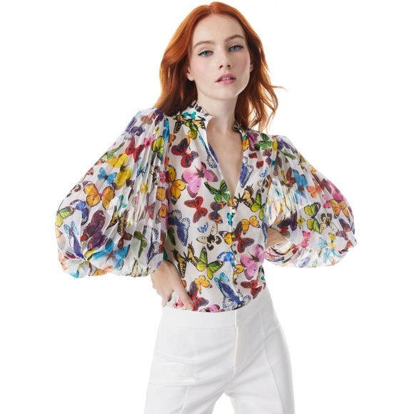 Alice + Olivia Tops - Alice + Olivia Women's Ilan Smocked Sleeve Button Front Blouse Butterfly High